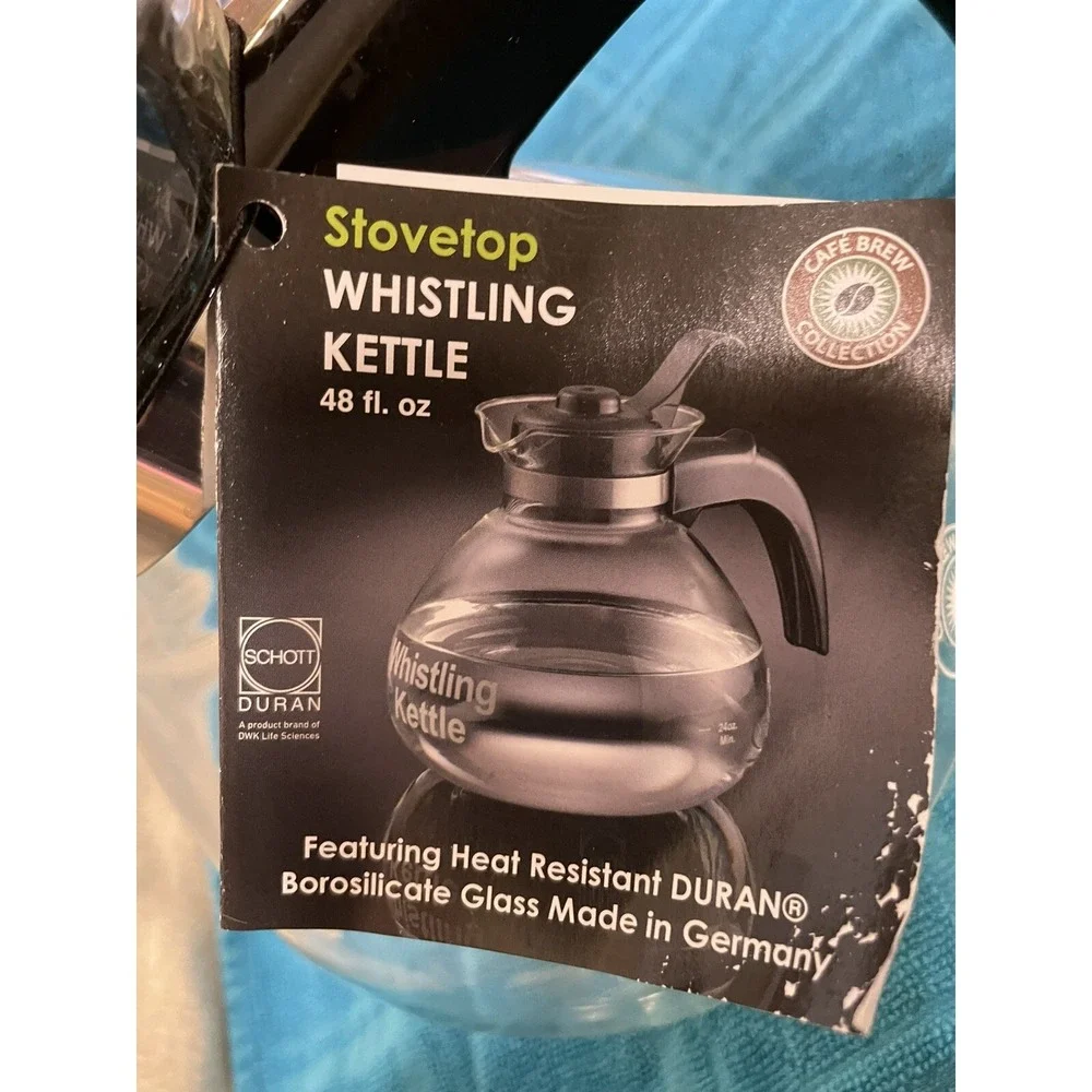Medelco Whistling Kettle 12 Cup Glass Stovetop Tea Coffee Pot Carafe Decanter